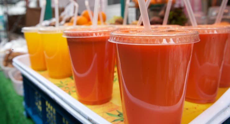 Line of smoothies from a market