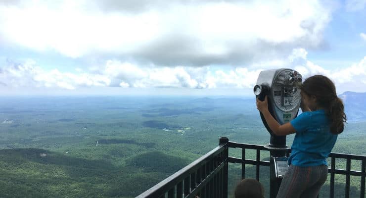 Child looking through an observation viewer at Caesars Head State Park Overlook.