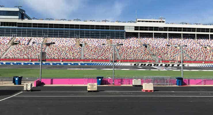 View of the racetrack at Charlotte Motor Speedway in Charlotte, North Carolina.