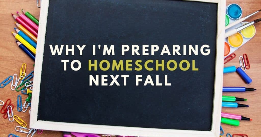 A chalkboard with scattered school supplies. Text on chalkboard says, "Why I'm preparing to homeschool next fall."