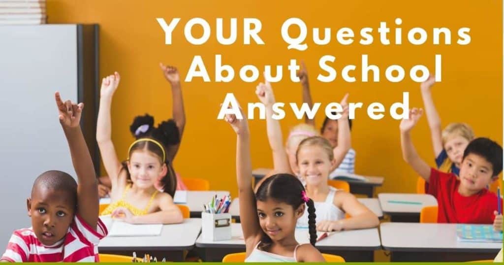 Stock photo of school children with text "your questions about school answered"