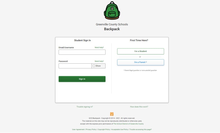 Screenshot of Student Log-in page on GCS Backpack