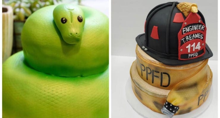 Cakes to dye for collage - snake and fire dept cake