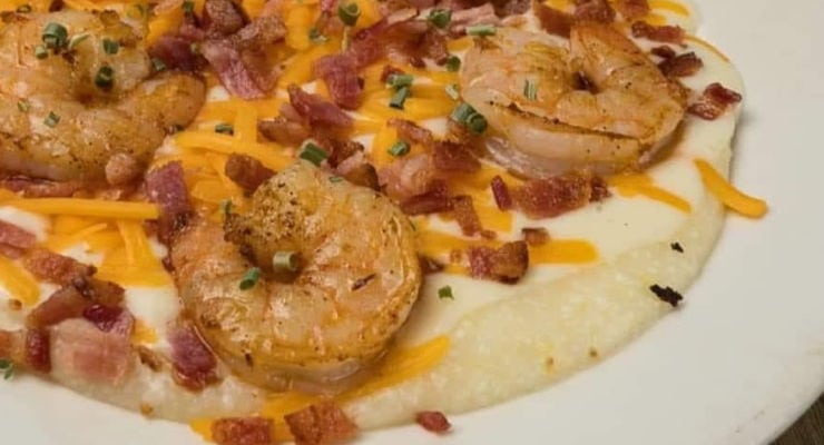 Close up of a plate of shrimp and grits