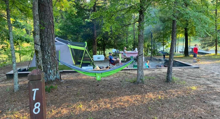 View of campsite with hammock and tent at Calhoun Falls State Park