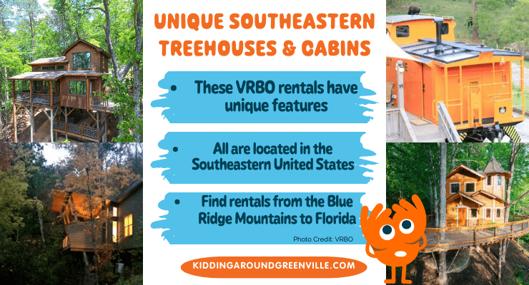 Unique Southeastern rentals, including treehouses, cabins, and dome homes