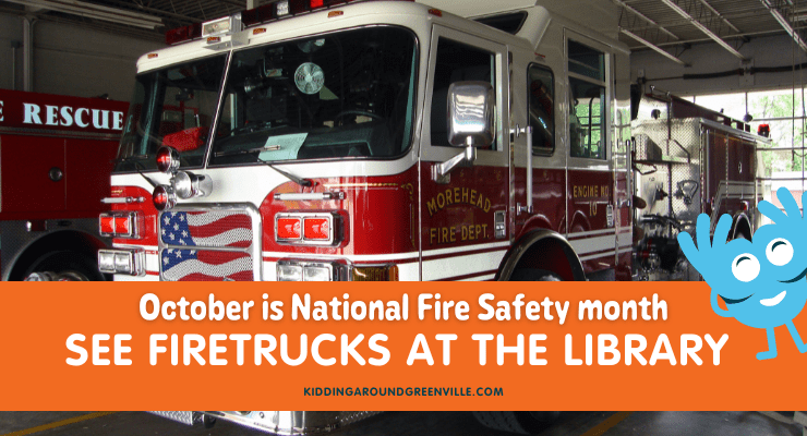 Firetrucks at the library in Greenville, South Carolina in October for National Fire Safety Month