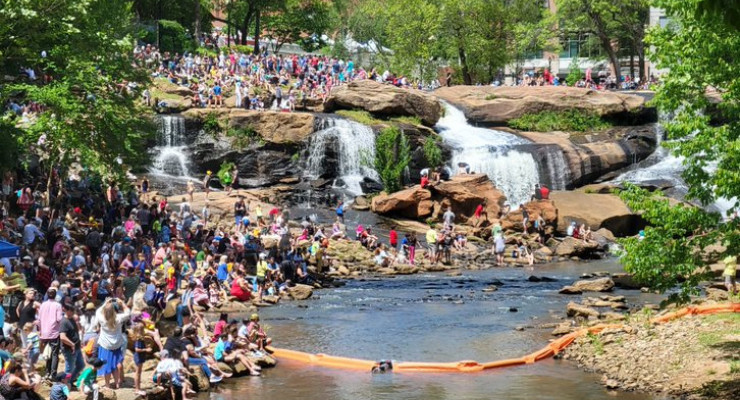 View of Falls Park and the Reedy River during the Duck Derby in Greenville, SC