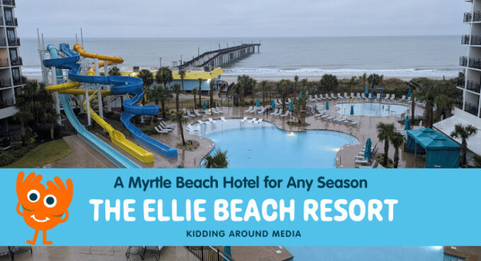 Colorful water slides at Myrtle Beach hotel with pool and ocean view in the background.