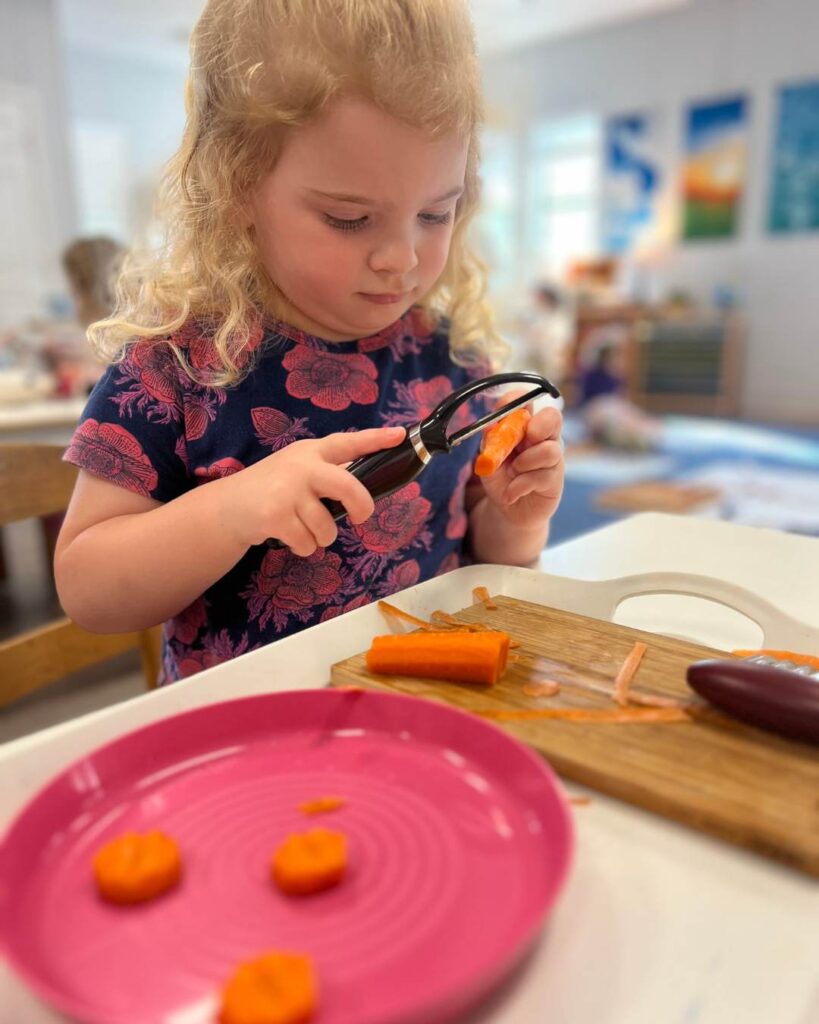A child carefully peels a carrot with a child-safe peeler during a practical life food preparation activity.