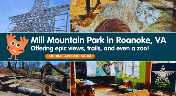 Featured image for Mill Mountain Park in Roanoke, VA showing a star monument, Pallas cat, nature-themed playground, and kid-friendly discovery center