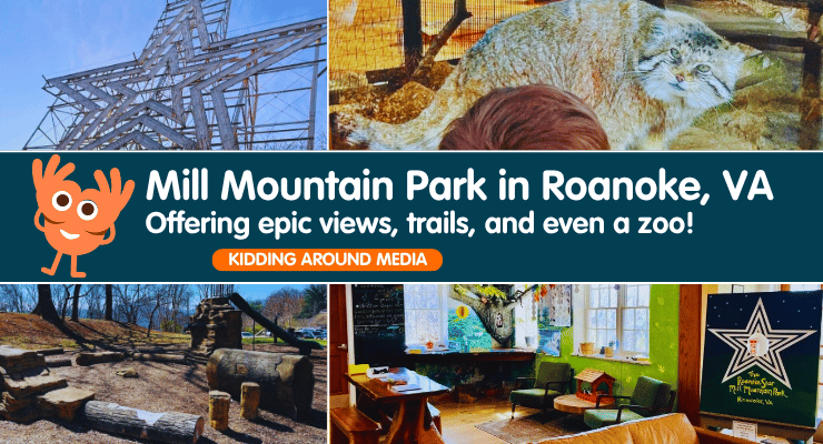 Featured image for Mill Mountain Park in Roanoke, VA showing a star monument, Pallas cat, nature-themed playground, and kid-friendly discovery center