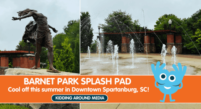 Featured image for Barnet Park Splash Pad in Spartanburg, SC showing a sculpture of a woman blown back by the wind and several jets of water shooting up from the ground