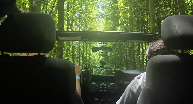 View from inside a Jeep Wrangler driving through a lush green forest road in the Great Smoky Mountains