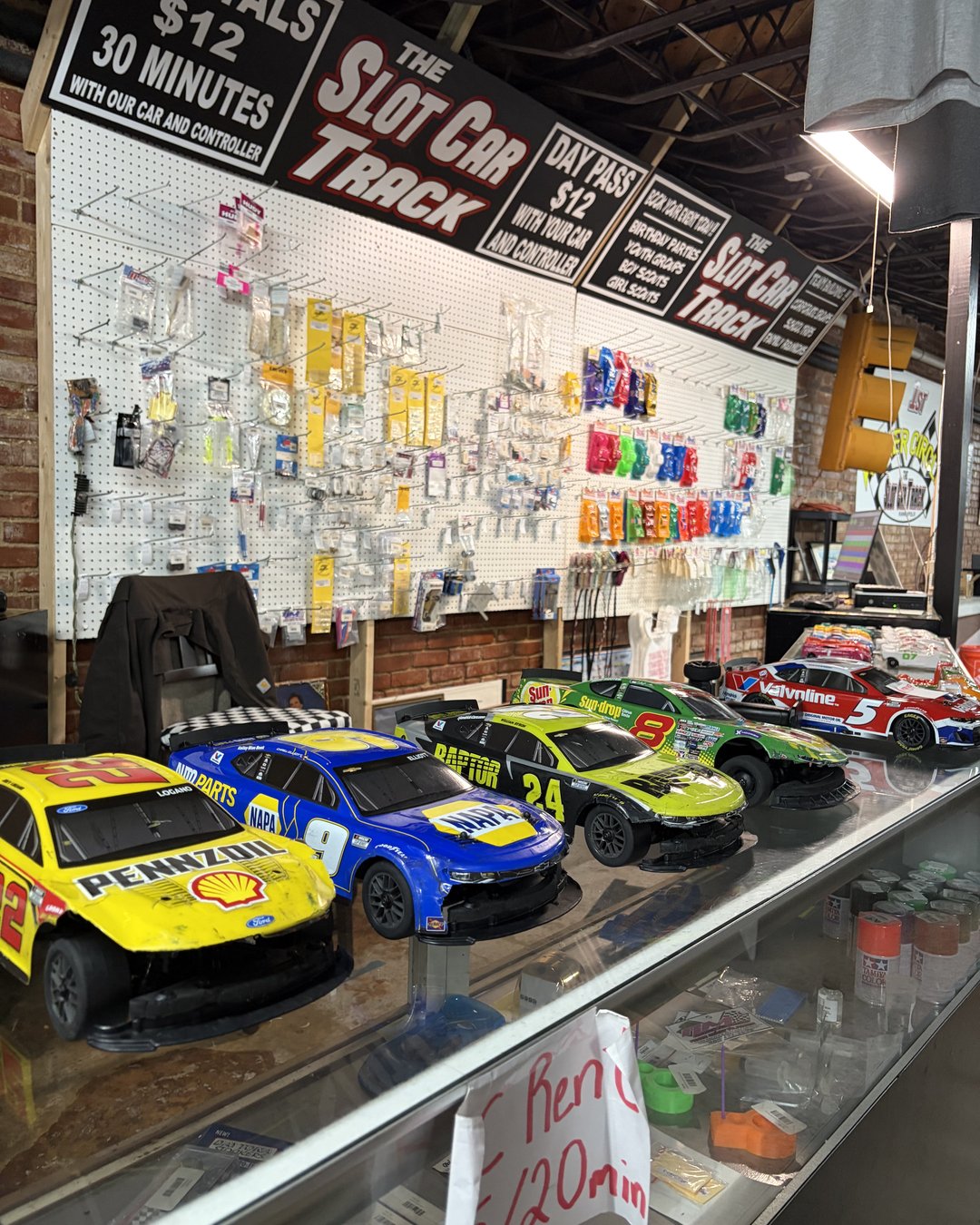 slot cars racing on the track at The Slot Car Track in Kannapolis NC