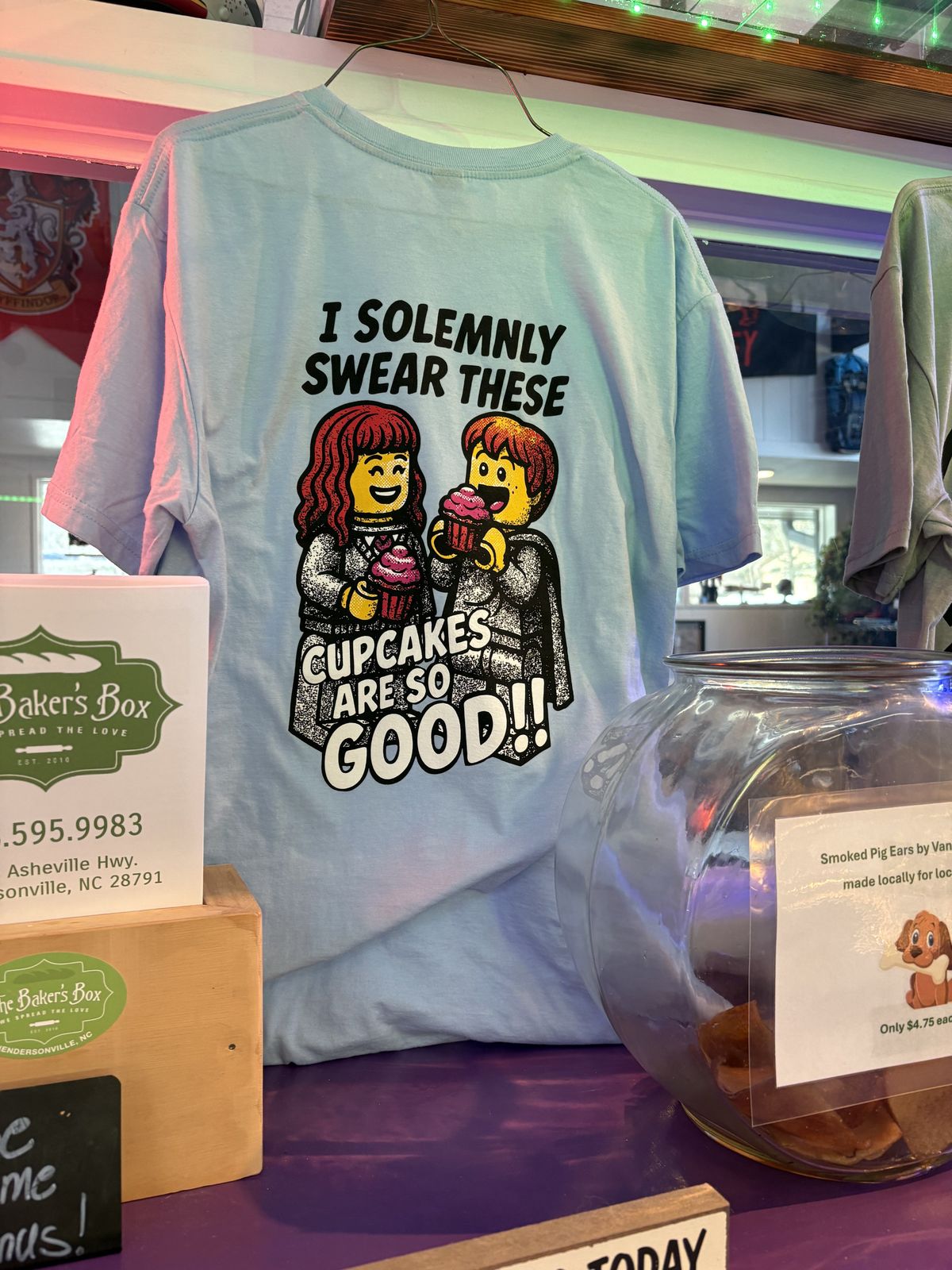 Baker's Box branded Harry Potter mashup t-shirts at the restaurant in Hendersonville NC