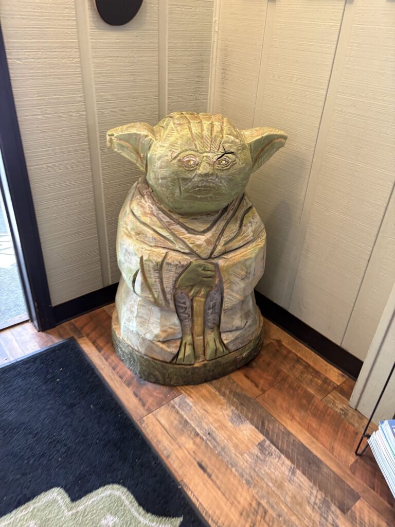 Life-sized Yoda figure inside The Baker's Box restaurant in Hendersonville NC