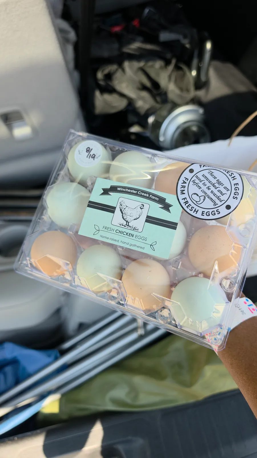 Fresh eggs from Winchester Creek Farm, available for purchase during your visit.