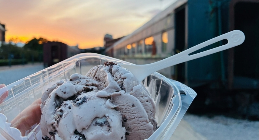 Melting cookies and cream ice cream in a to-go container is held up in front of a train carriage by the setting sun