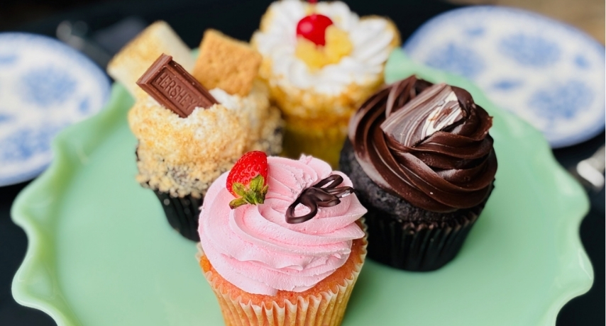 Four colorfully decorated cupcakes, one chocolate, one strawberry, one s'more, and one with a cherry on top