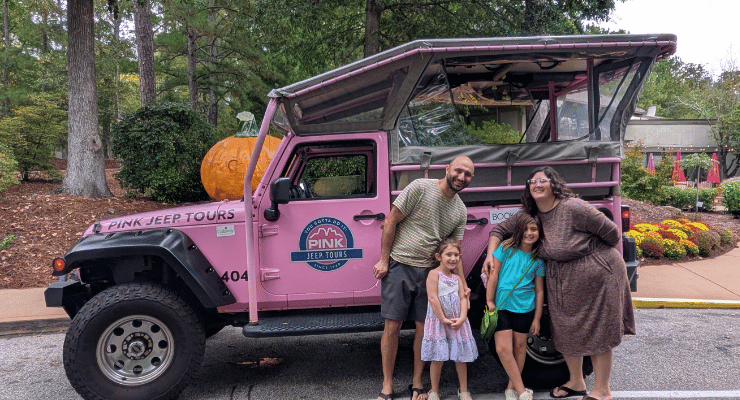 Family at the Pink Jeep Tours jeep at Callaway resort and Gardens