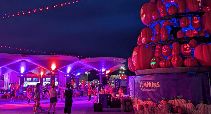 Giant illuminated pumpkin tower at Pumpkins at Callaway Resort and Gardens