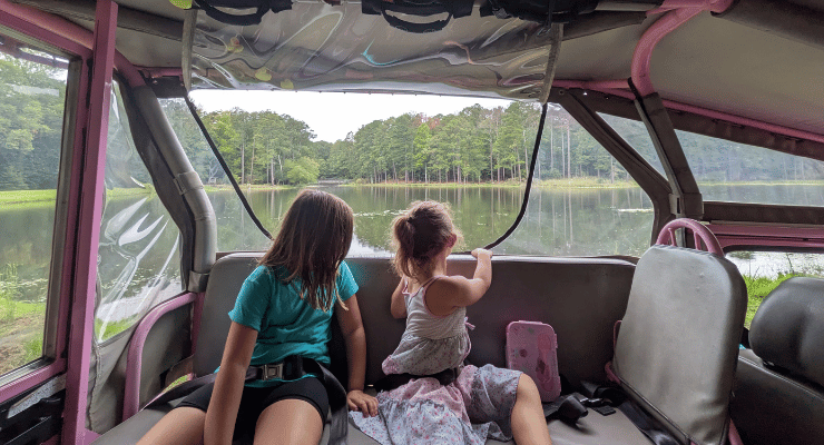 Kids looking out the open windows of the Pink Jeep Adventure Tour at Callaway