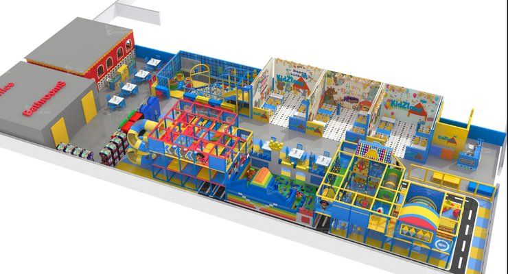 3D rendering of KidZland indoor playground in Greenville, SC with a multi-level big kid play structure, slides, and birthday party rooms
