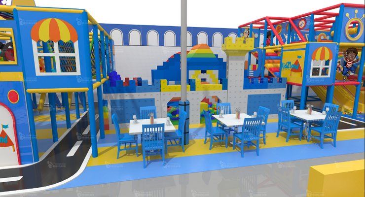 3D rendering of KidZland in Greenville, SC with blue tables and chairs for parents next to a giant building block castle and play structures