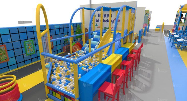 3D rendering of the toddler area at KidZland in Greenville, SC with a ball pit, a small slide, and seats for parents