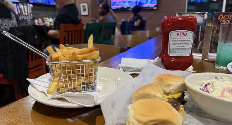Cheeseburger sliders, fries, and coleslaw at the resort restaurant at Westgate Myrtle Beach Oceanfront Resort